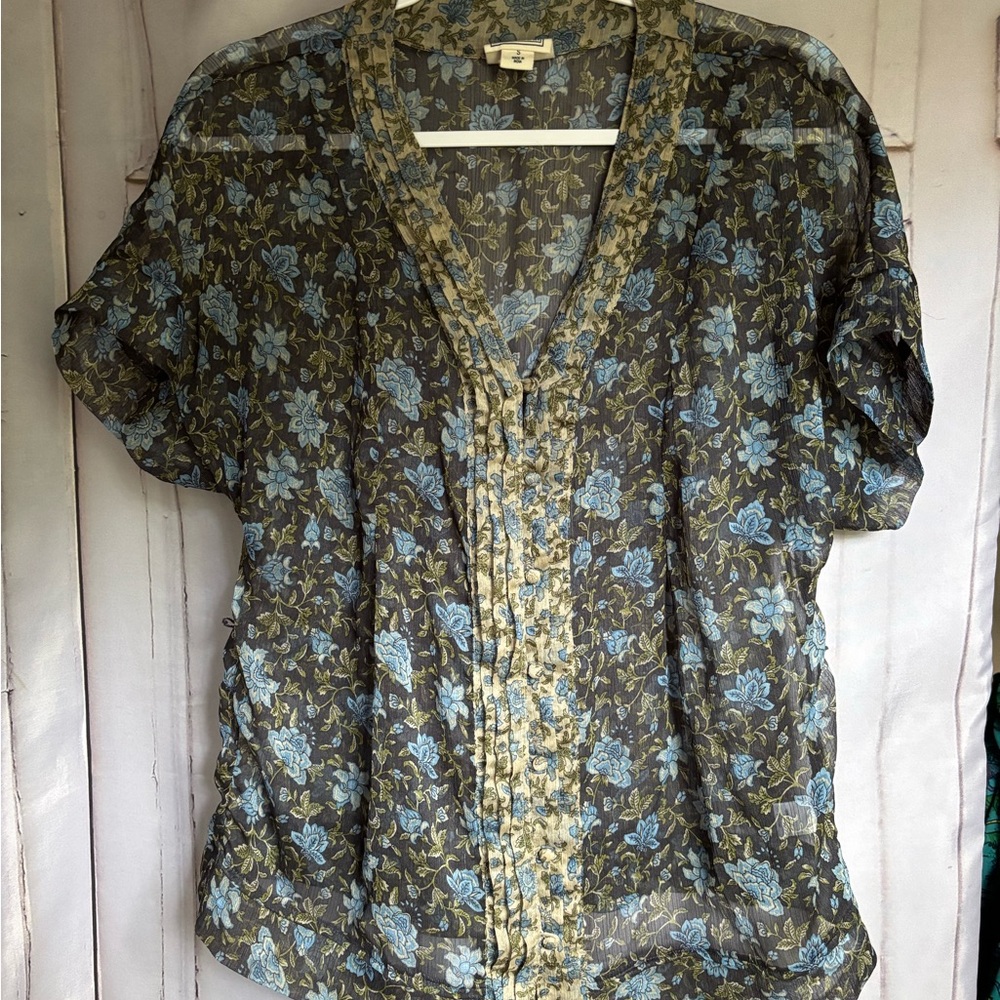 Converse - One Star Floral Sheer Blouse - Blue and Cream and Olive Green